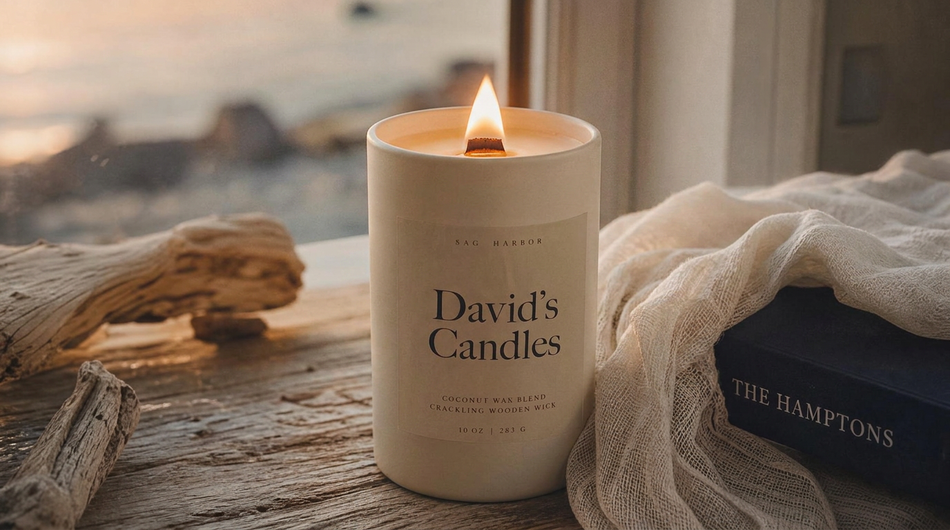 A tall David's Candles candle with a crackling wooden wick, burning beside driftwood in hazy coastal light.