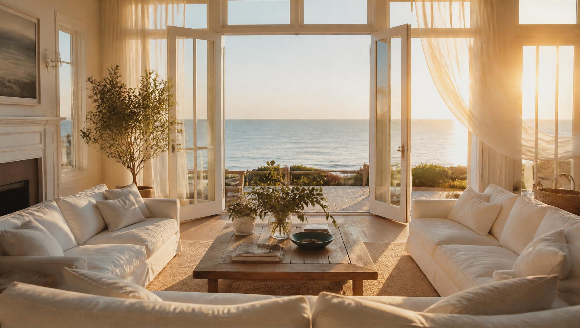 A white linen Hamptons living room with open French doors framing the ocean at golden hour.